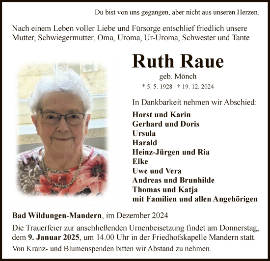 Traueranzeige von Ruth Raue von WLZ