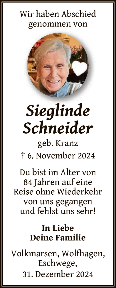 Traueranzeige von Sieglinde Schneider von WLZ