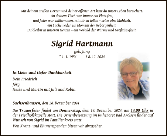 Traueranzeige von Sigrid Hartmann von WLZ