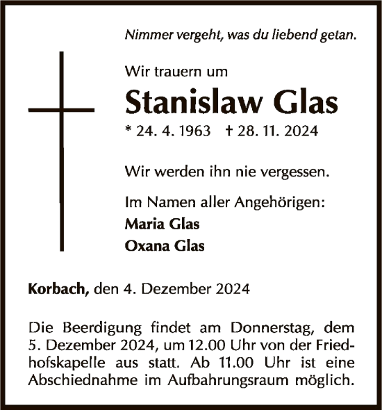 Traueranzeige von Stanislaw Glas von WLZ