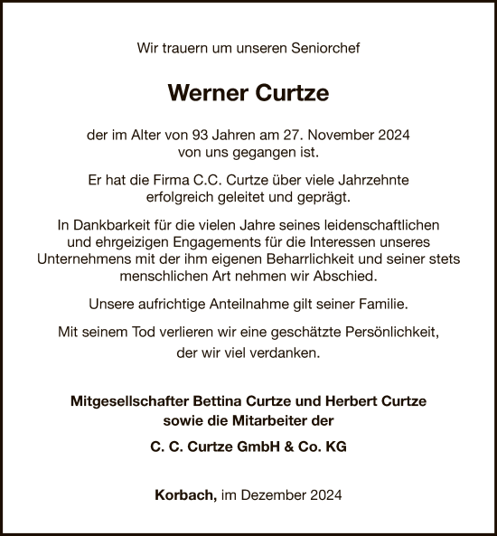 Traueranzeige von Werner Curtze von WLZ