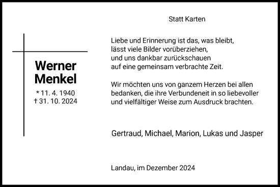 Traueranzeige von Werner Menkel von WLZ