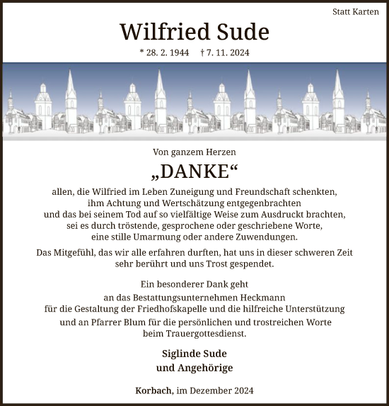 Traueranzeige von Wilfried Sude von WLZ