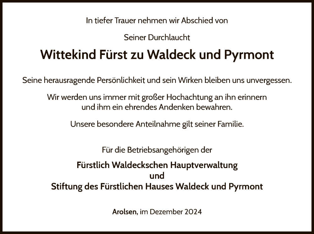  Traueranzeige für Wittekind Fürst zu Waldeck und Pyrmont vom 21.12.2024 aus WLZ