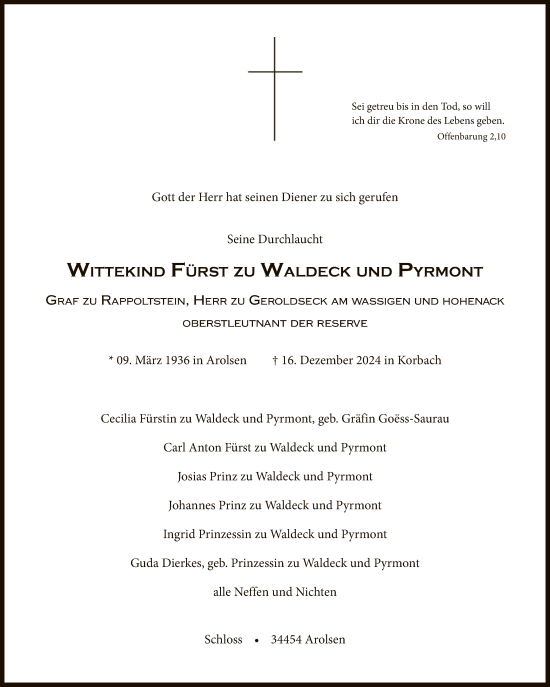 Traueranzeige von Wittekind Fürst zu Waldeck und Pyrmont von WLZ