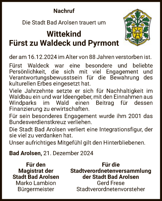 Traueranzeige von Wittekind Fürst zu Waldeck und Pyrmont von WLZ