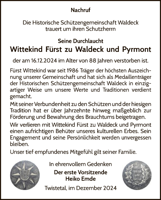 Traueranzeige von Wittekind Fürst zu Waldeck und Pyrmont von WLZ