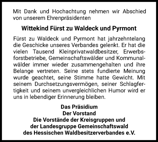 Traueranzeige von Wittekind Fürst zu Waldeck und Pyrmont von WLZ