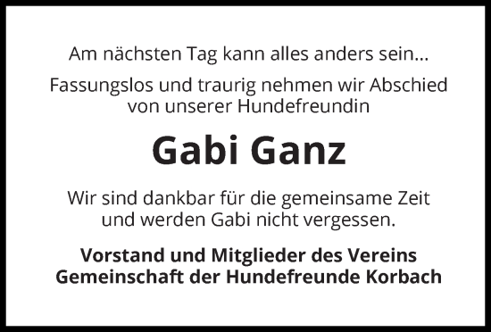 Traueranzeige von Gabi Ganz von trauer.wlz-online.de