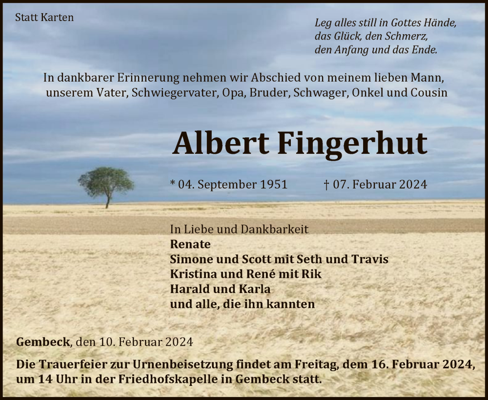  Traueranzeige für Albert Fingerhut vom 10.02.2024 aus WLZ