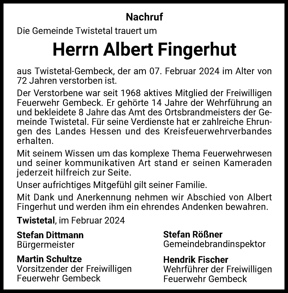  Traueranzeige für Albert Fingerhut vom 16.02.2024 aus WLZ