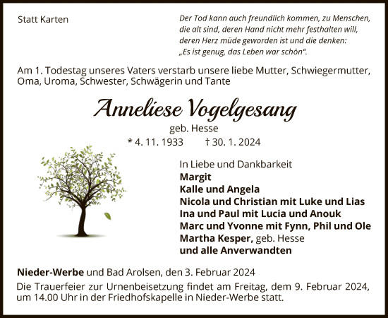 Traueranzeige von Anneliese Vogelgesang von WLZ