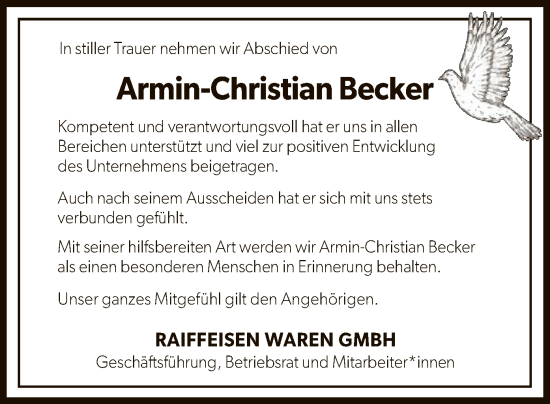 Traueranzeige von Armin-Christian Becker von WLZ