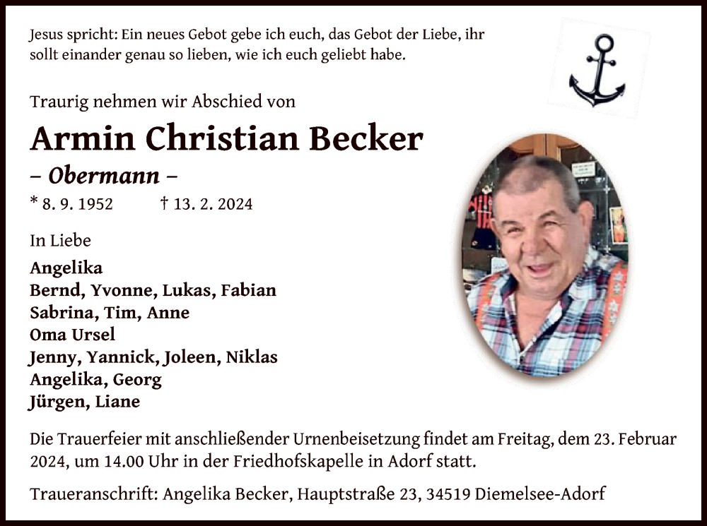  Traueranzeige für Armin Christian Becker vom 17.02.2024 aus WLZ