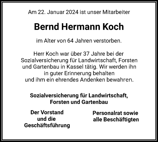 Traueranzeige von Bernd Hermann Koch von WLZ