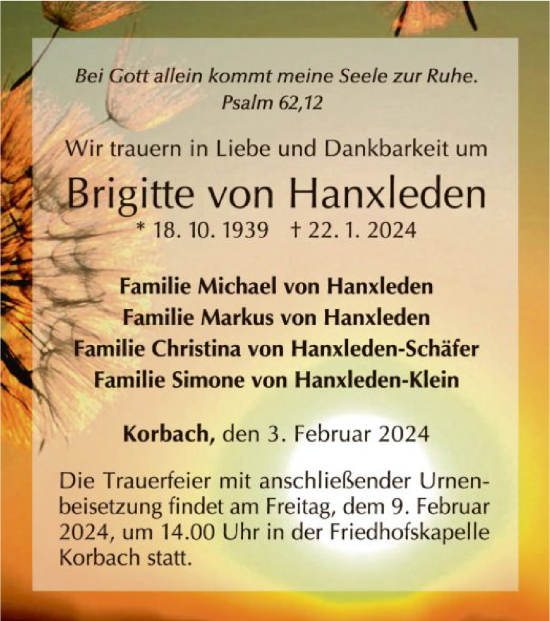 Traueranzeige von Brigitte von Hanxleden von WLZ