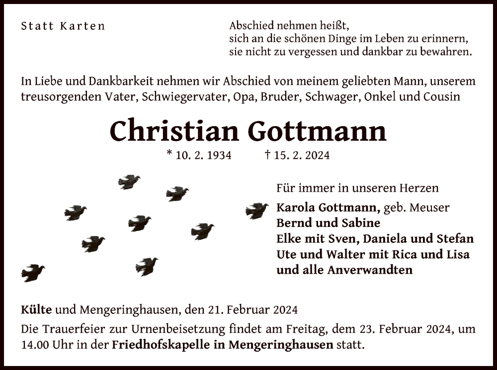  Traueranzeige für Christian Gottmann vom 21.02.2024 aus WLZ
