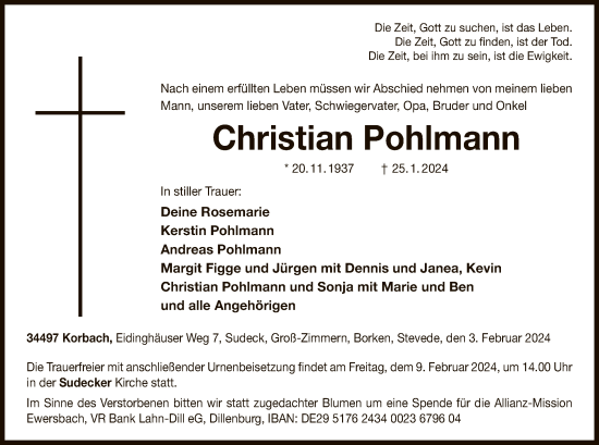 Traueranzeige von Christian Pohlmann von WLZ