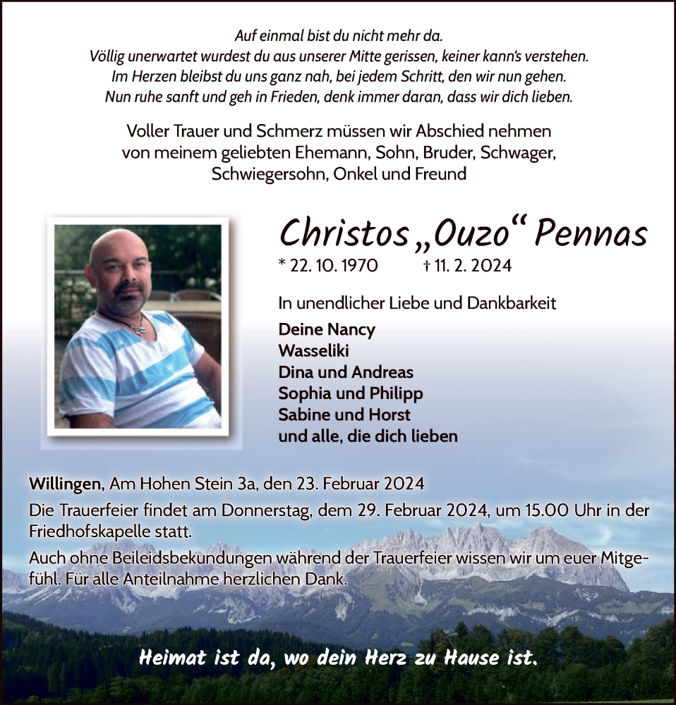  Traueranzeige für Christos Pennas vom 23.02.2024 aus WLZ