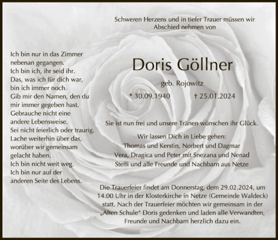 Traueranzeige von Doris Göllner von WLZ