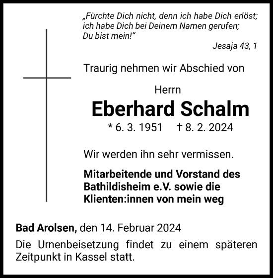 Traueranzeige von Eberhard Schalm von WLZ