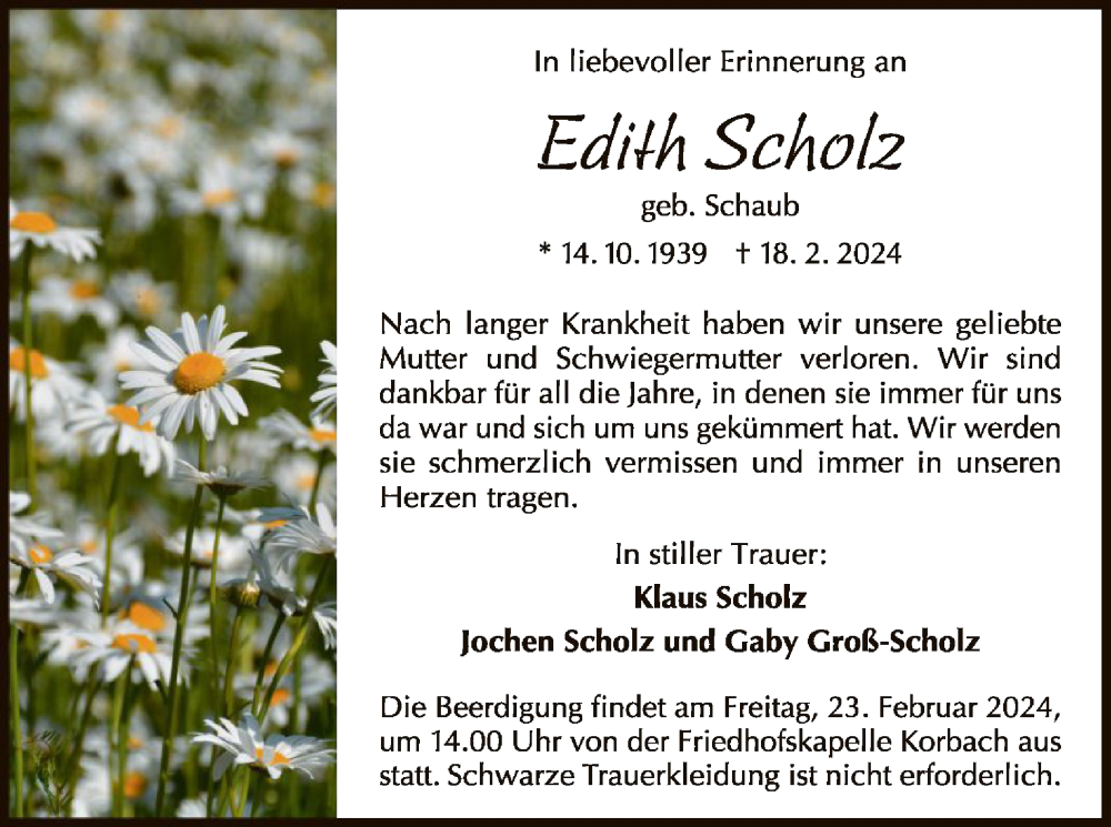  Traueranzeige für Edith Scholz vom 21.02.2024 aus WLZ