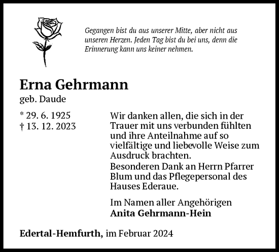 Traueranzeige von Erna Gehrmann von WLZ