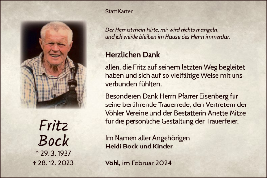 Traueranzeige von Fritz Bock von WLZ