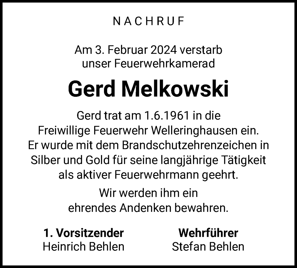  Traueranzeige für Gerd Melkowski vom 08.02.2024 aus WLZ