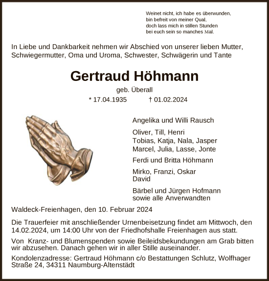 Traueranzeige von Gertraud Höhmann von WLZ