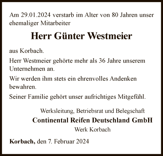 Traueranzeige von Günter Westmeier von WLZ