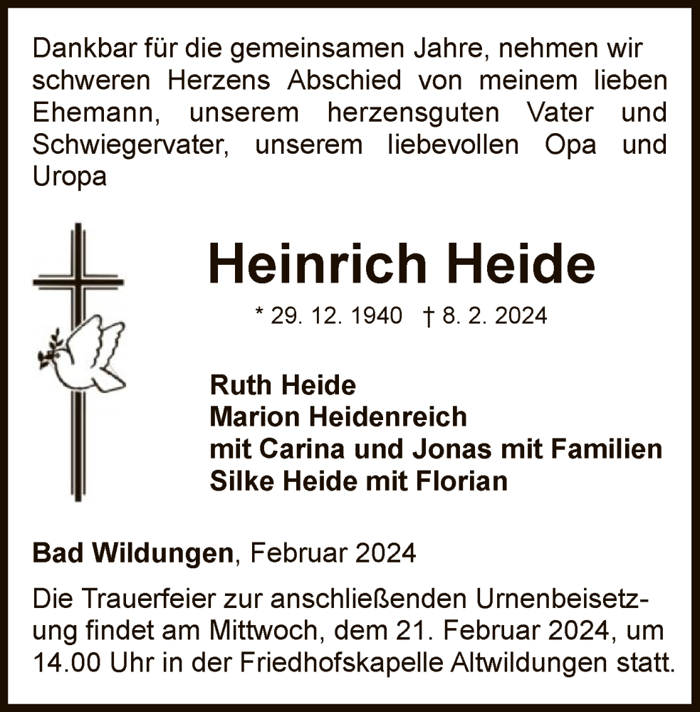 Traueranzeige für Heinrich Heide vom 17.02.2024 aus WLZ