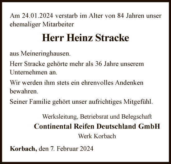 Traueranzeige von Heinz Stracke von WLZ