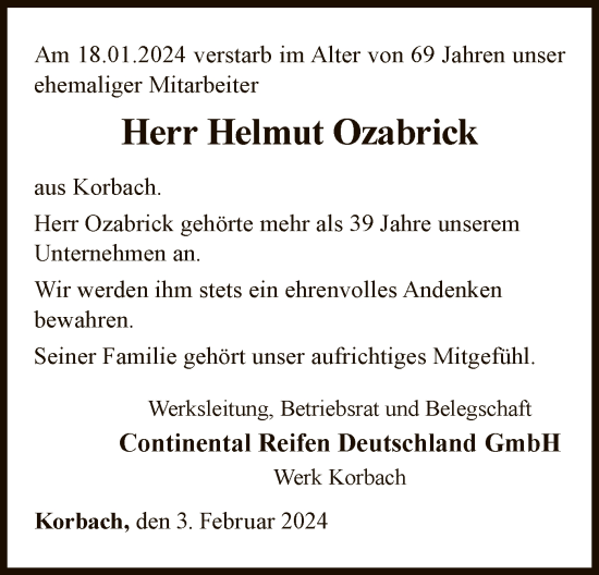 Traueranzeige von Helmut Ozabrick von WLZ