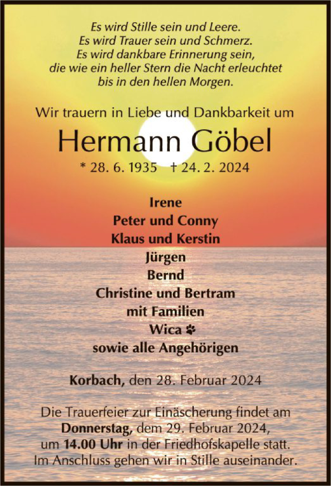  Traueranzeige für Hermann Göbel vom 28.02.2024 aus WLZ