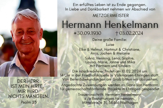 Traueranzeige von Hermann Henkelmann von HNAHNAHNAHNAWLZ