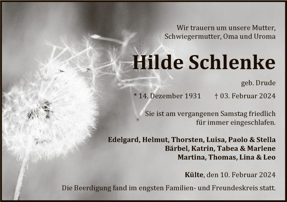  Traueranzeige für Hilde Schlenke vom 10.02.2024 aus WLZ