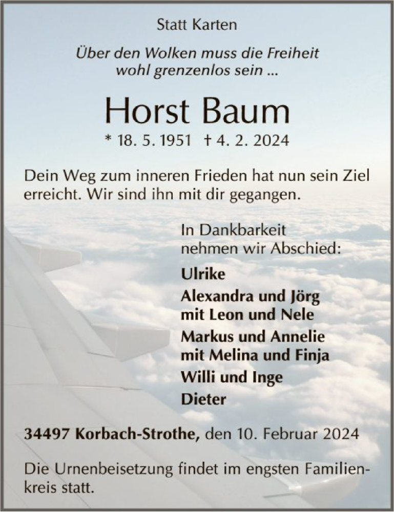  Traueranzeige für Horst Baum vom 10.02.2024 aus WLZ