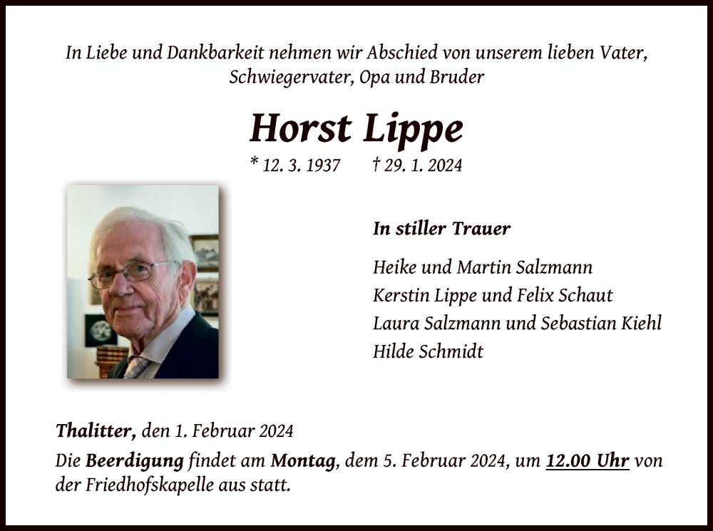  Traueranzeige für Horst Lippe vom 01.02.2024 aus WLZ