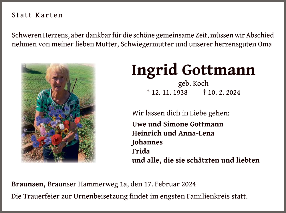  Traueranzeige für Ingrid Gottmann vom 17.02.2024 aus WLZ