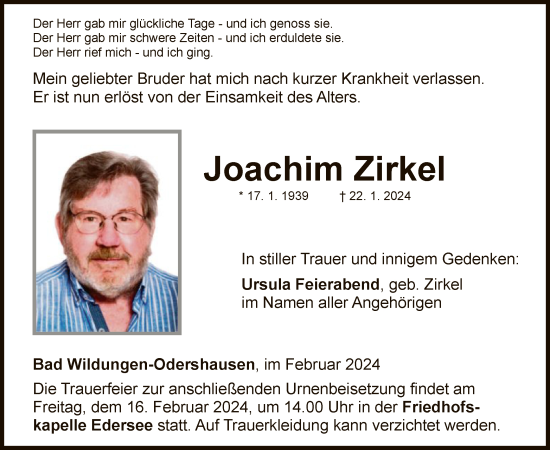 Traueranzeige von Joachim Zirkel von WLZHNA