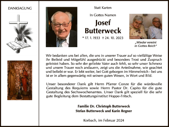 Traueranzeige von Josef Butterweck von WLZ