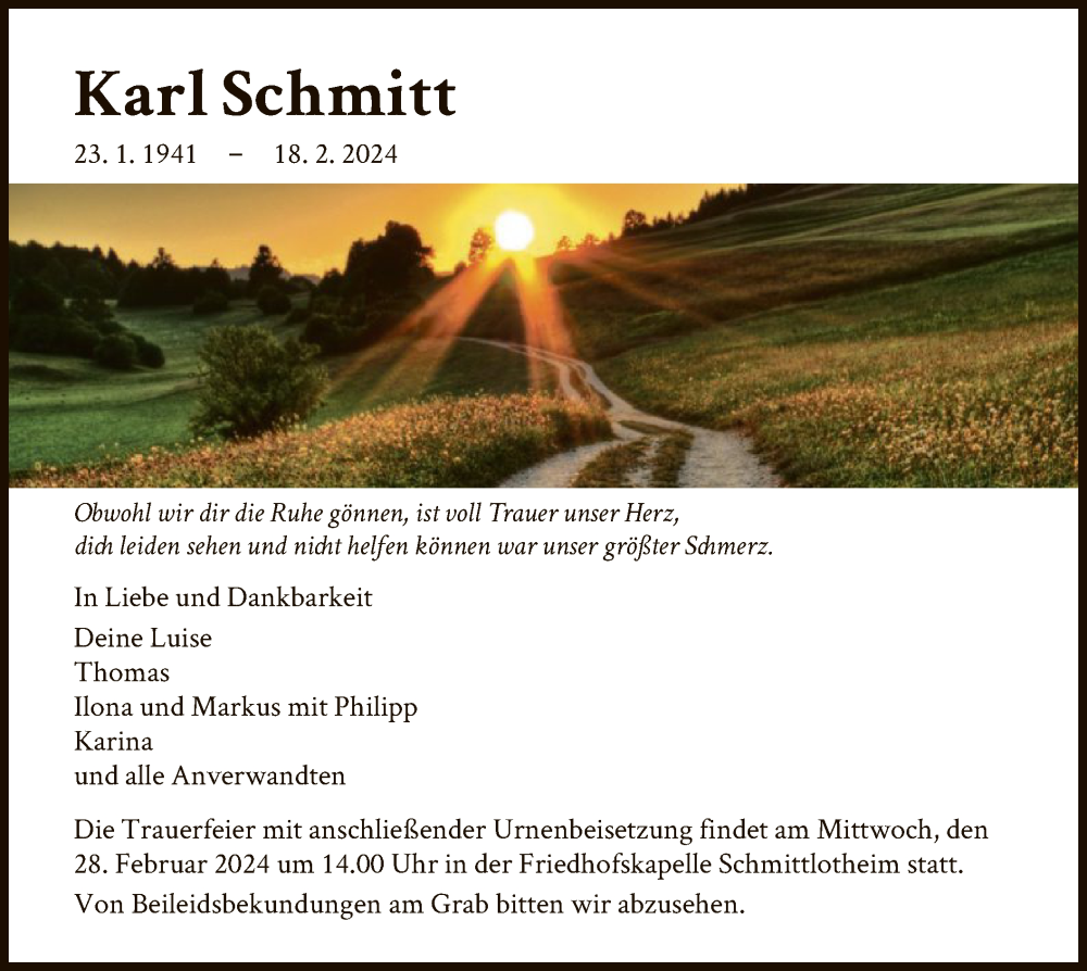  Traueranzeige für Karl Schmitt vom 24.02.2024 aus WLZ