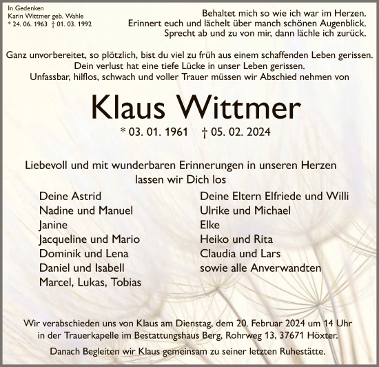 Traueranzeige von Klaus Wittmer von WLZ