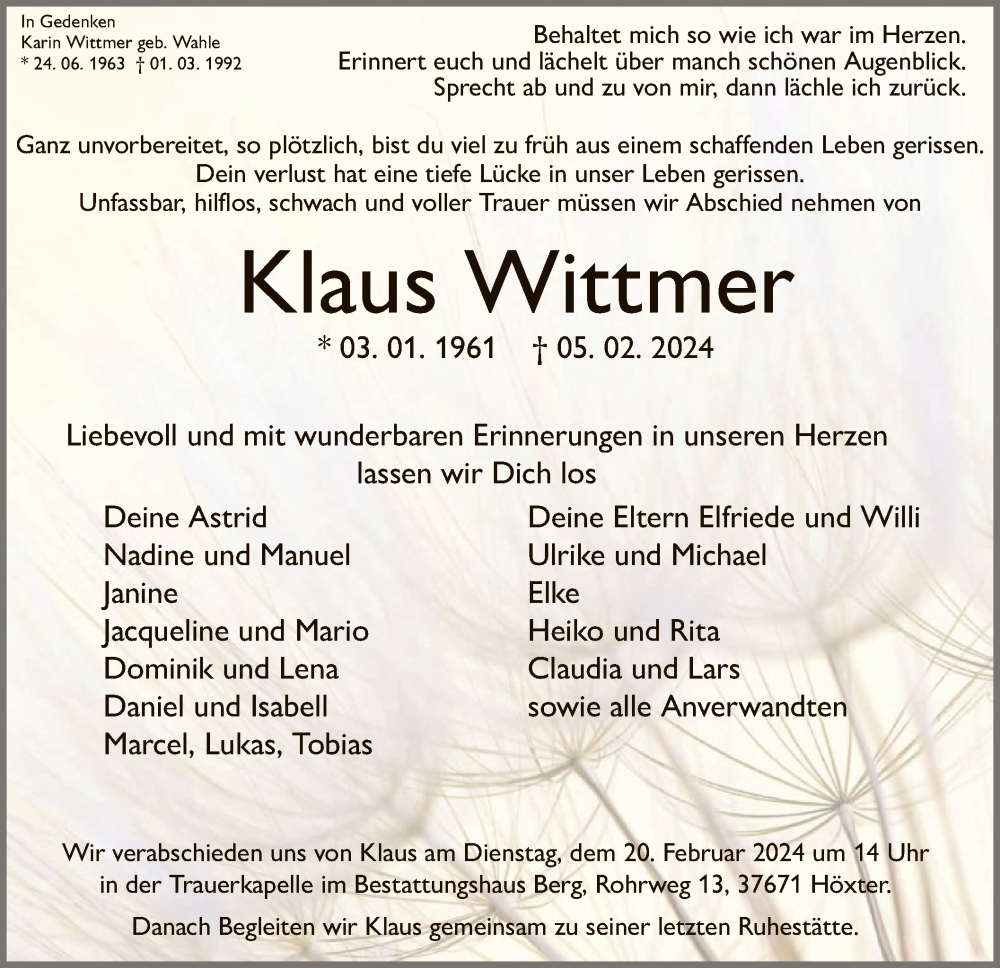  Traueranzeige für Klaus Wittmer vom 10.02.2024 aus WLZ