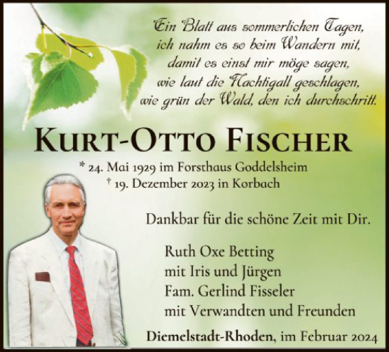 Traueranzeige von Kurt-Otto Fischer von WLZ