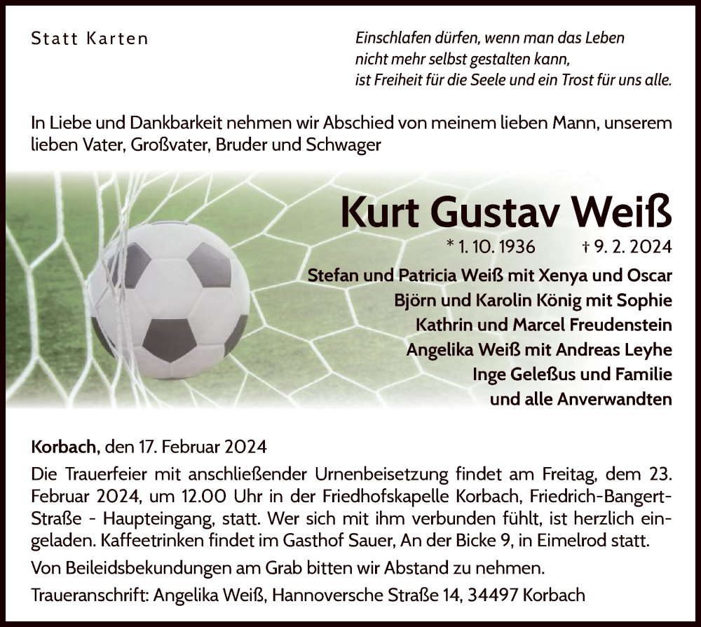  Traueranzeige für Kurt Gustav Weiß vom 17.02.2024 aus WLZ