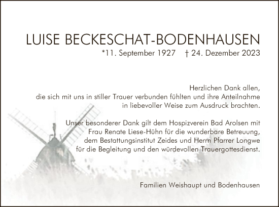 Traueranzeige von Luise Beckeschat-Bodenhausen von WLZ