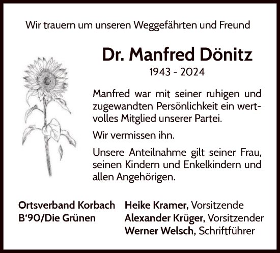 Traueranzeige von Manfred Dönitz von WLZ