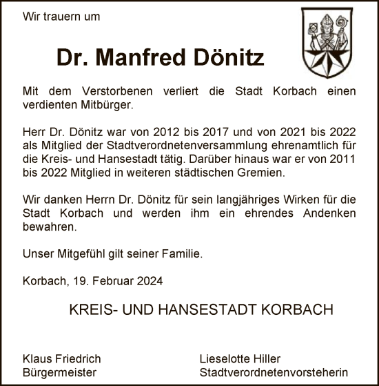 Traueranzeige von Manfred Dönitz von WLZ